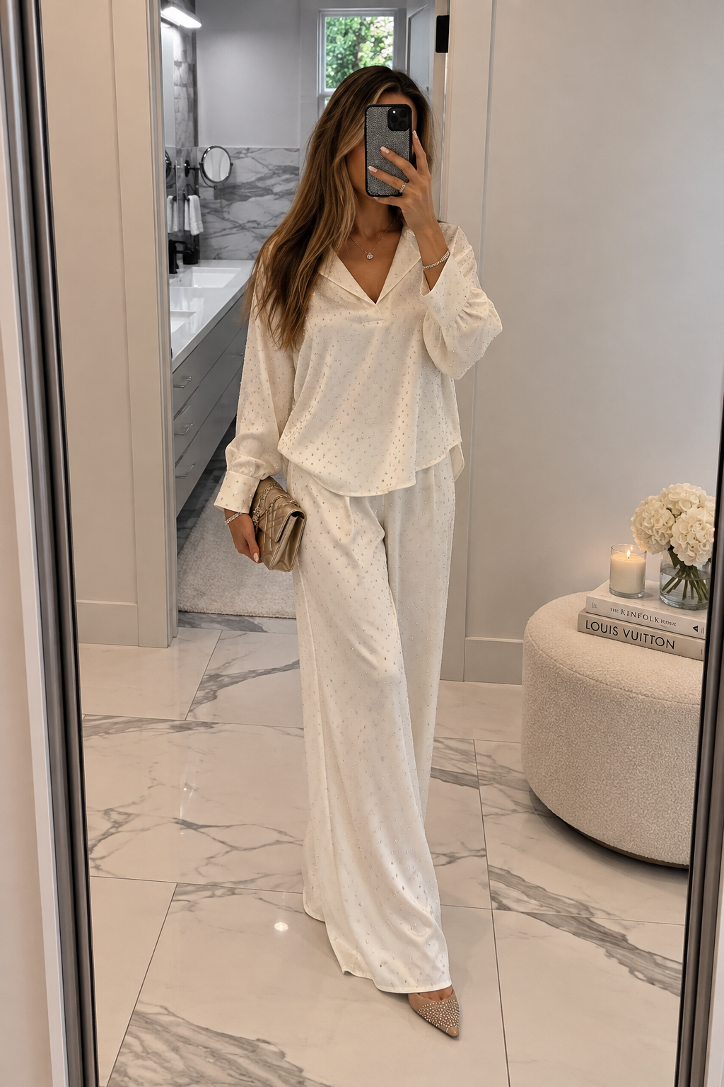 Embellished crinkle satin V neck