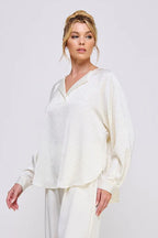 Embellished crinkle satin V neck