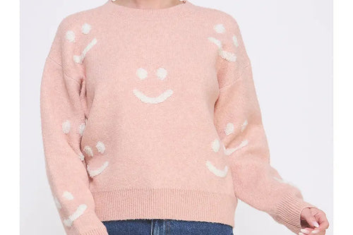 Soft Raised Smile Print Pullover Sweater